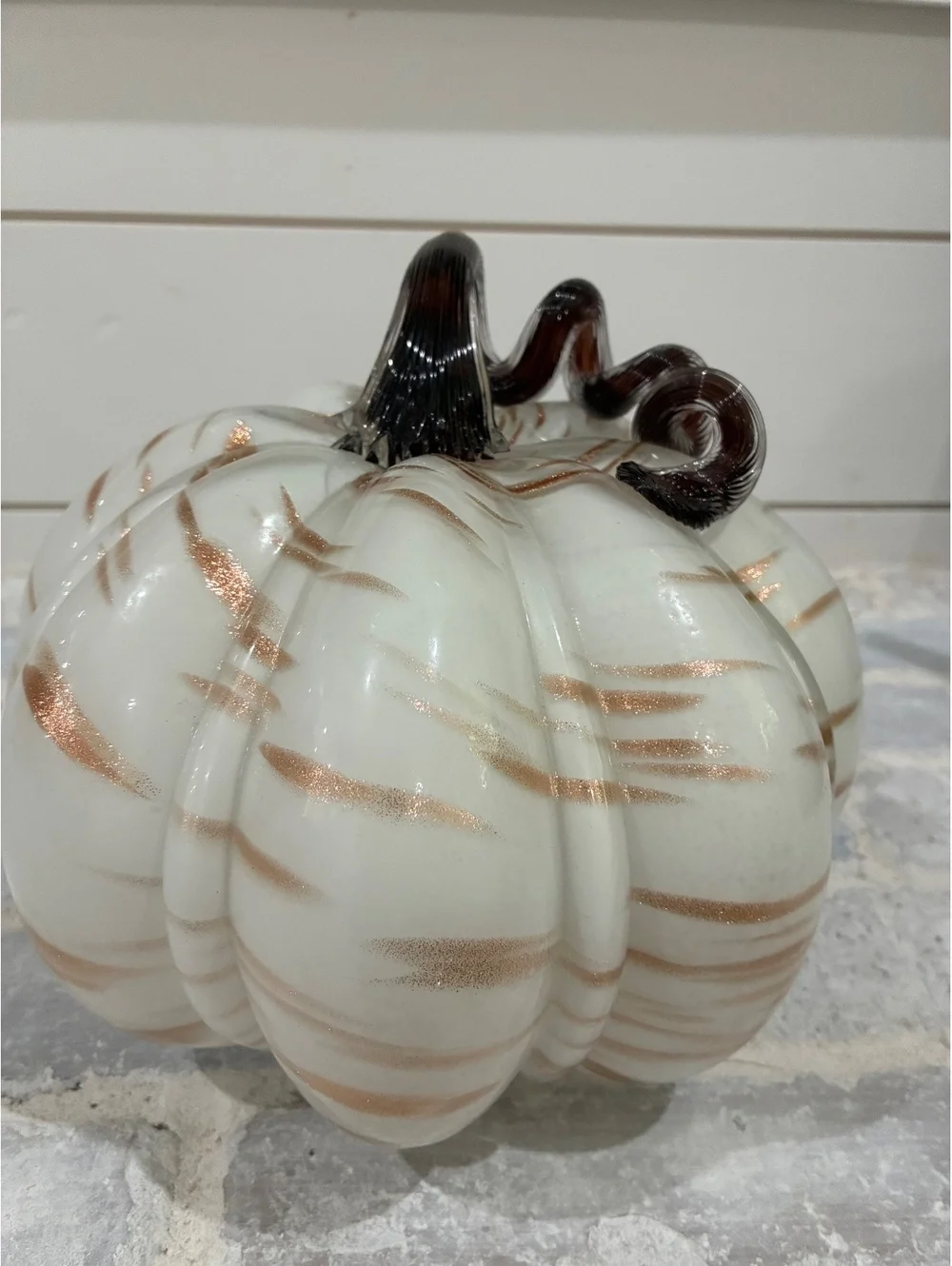 Decorative White and Copper Glass Pumpkin with Curled Brown Stem